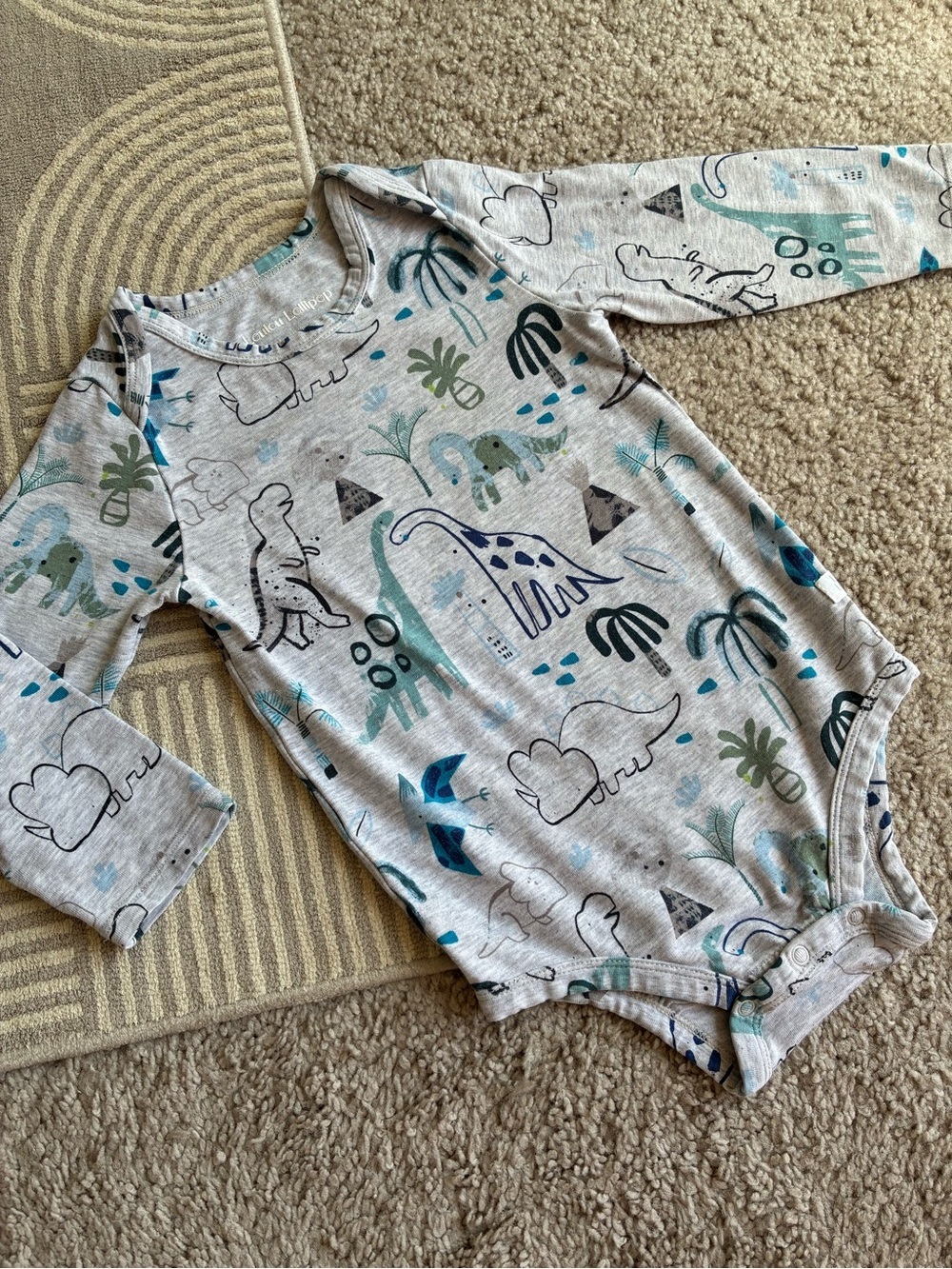 Loulou Lolipop Tencel Grey Dino Print Long-Sleeve Baby Bodysuit - Teal & Blue